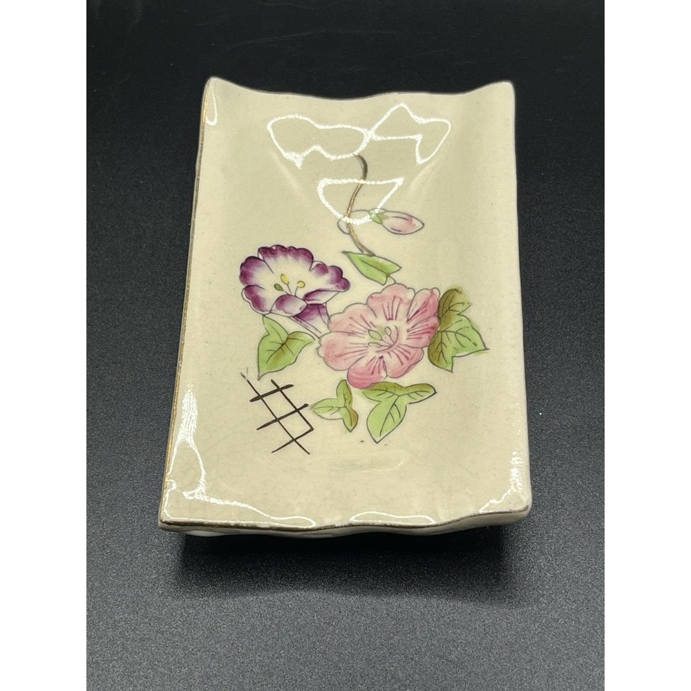 Vtg Handpainted Japan Ceramic Ashtray Trinket Dish Floral Gold Trim 4"x2.75"